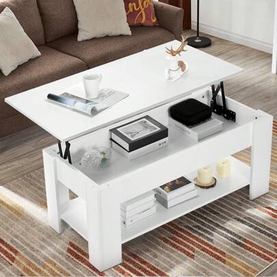 OYAJIA Lift-Up & Extending Coffee Table With Hidden Compartment & Shelf, High Gloss White Wood For Home Office & Living Room Furniture, Central Sofa End Table With Large Storage Compartment