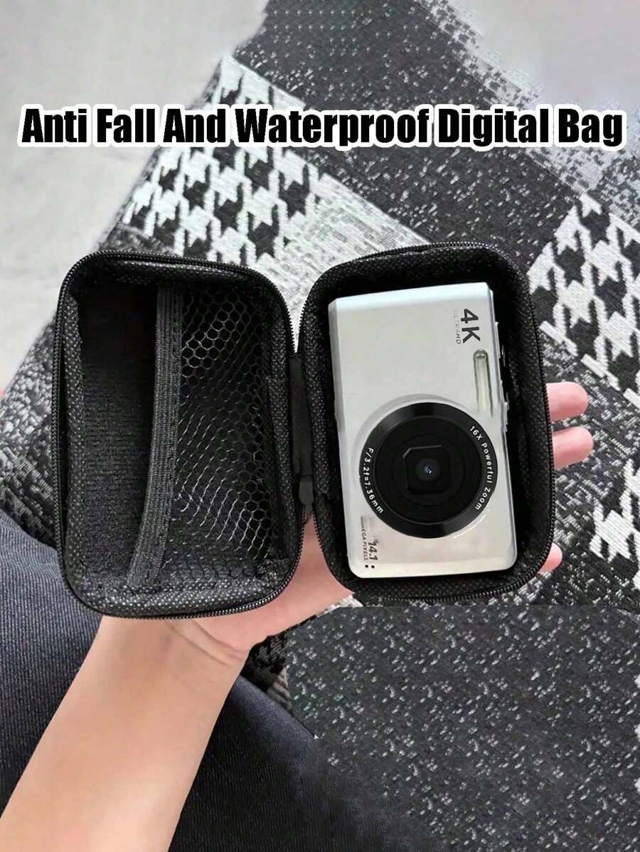 1pc Portable Mini Storage Bag With Y2K Star & Heart Decor, Waterproof Shockproof EVA Hard Shell Camera Case, Shock-Absorbing Storage Box For Digital Camera, Electronics And Earphones - Black - View 1