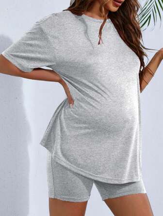 Summer Pregnant Women's Solid Color Short-Sleeve T-Shirt And Bottoms For Breathable Casual Home Wear Set