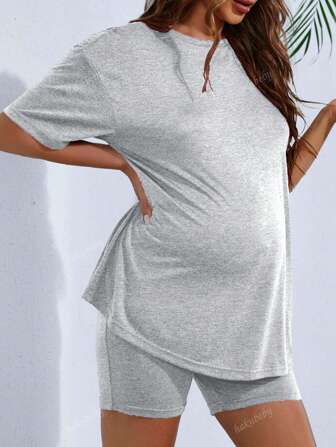 Summer Pregnant Women's Solid Color Short-Sleeve T-Shirt And Bottoms For Breathable Casual Home Wear Set