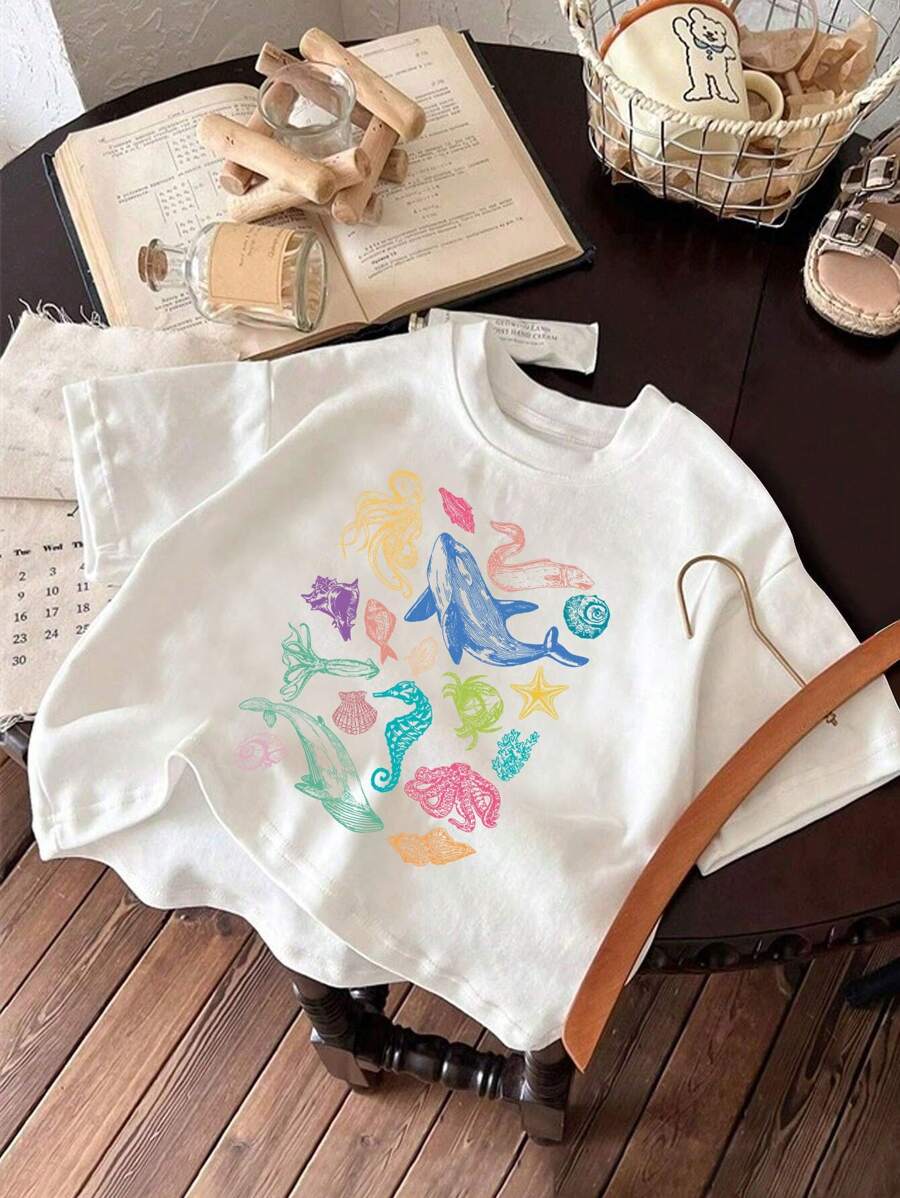 年轻女孩可爱卡通海洋生物鲸鱼印花圆领短袖运动衫，春夏 - 白色 - 查看 1