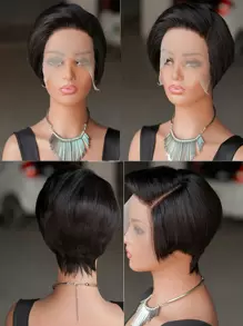 短款精灵短发假发 13*4*1 T 部分无胶蕾丝闭合鲍勃假发 自然色巴西处女人发假发 带预切透明蕾丝前部假发 女士