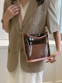 透明果冻托特包套装，女士休闲沙滩包，时尚百搭手提包，单肩斜挎包 - 粉色 - 查看 4