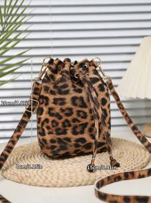 Leopard Print Fashion Drawstring Oblique Shoulder Bucket Bag, Suitable For Daily Wear, New Fall Winter Tiger Print Bag For Women, New Fall Winter Cheetah Print Purse For Women , Leopard Cheetah Print - Brown - View 2