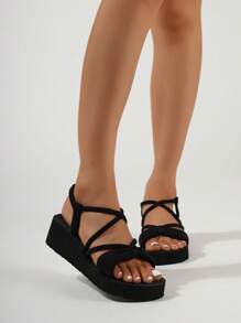 女士厚底凉鞋，坡跟，系带打结简约时尚，年轻交叉后带，叠层鞋跟，轻便，度假风格，街头服饰，黑色沙滩一脚蹬鞋，夏季 - 黑色 - 查看 4