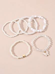 6 قطع أساور خرز البيرل المزيفة بشكل فراشة وقلب للبنات