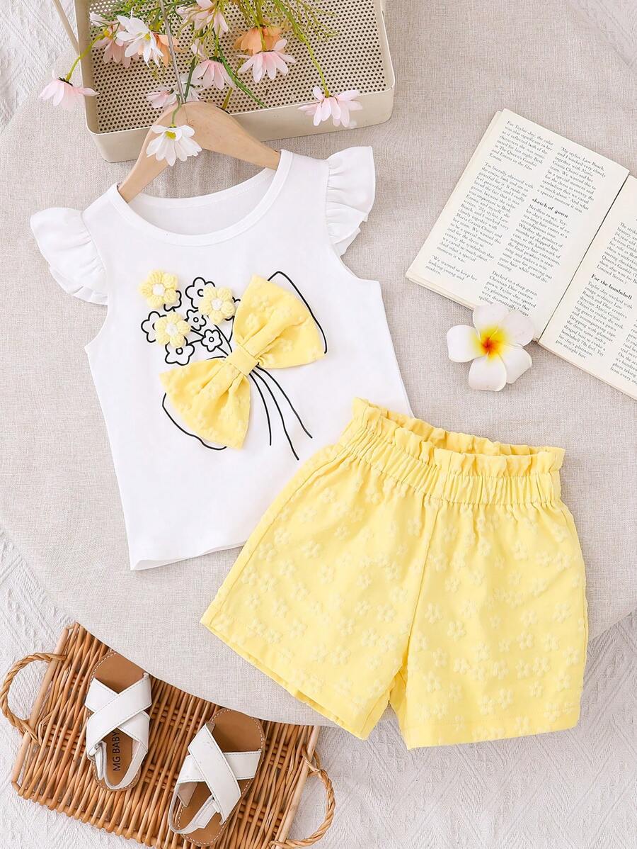 2pcs/Set Toddler Girls Casual Sweet Sleeveless T-Shirt & Floral Print Shorts Set, Suitable For Outings, Vacation, Home Gathering, Summer - Yellow - View 1