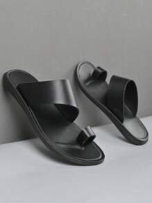 男士露趾尖头凉鞋，简约一脚蹬设计，PU 皮革鞋面，轻质防滑鞋底，舒适休闲夏季鞋履 - 黑色 - 查看 4