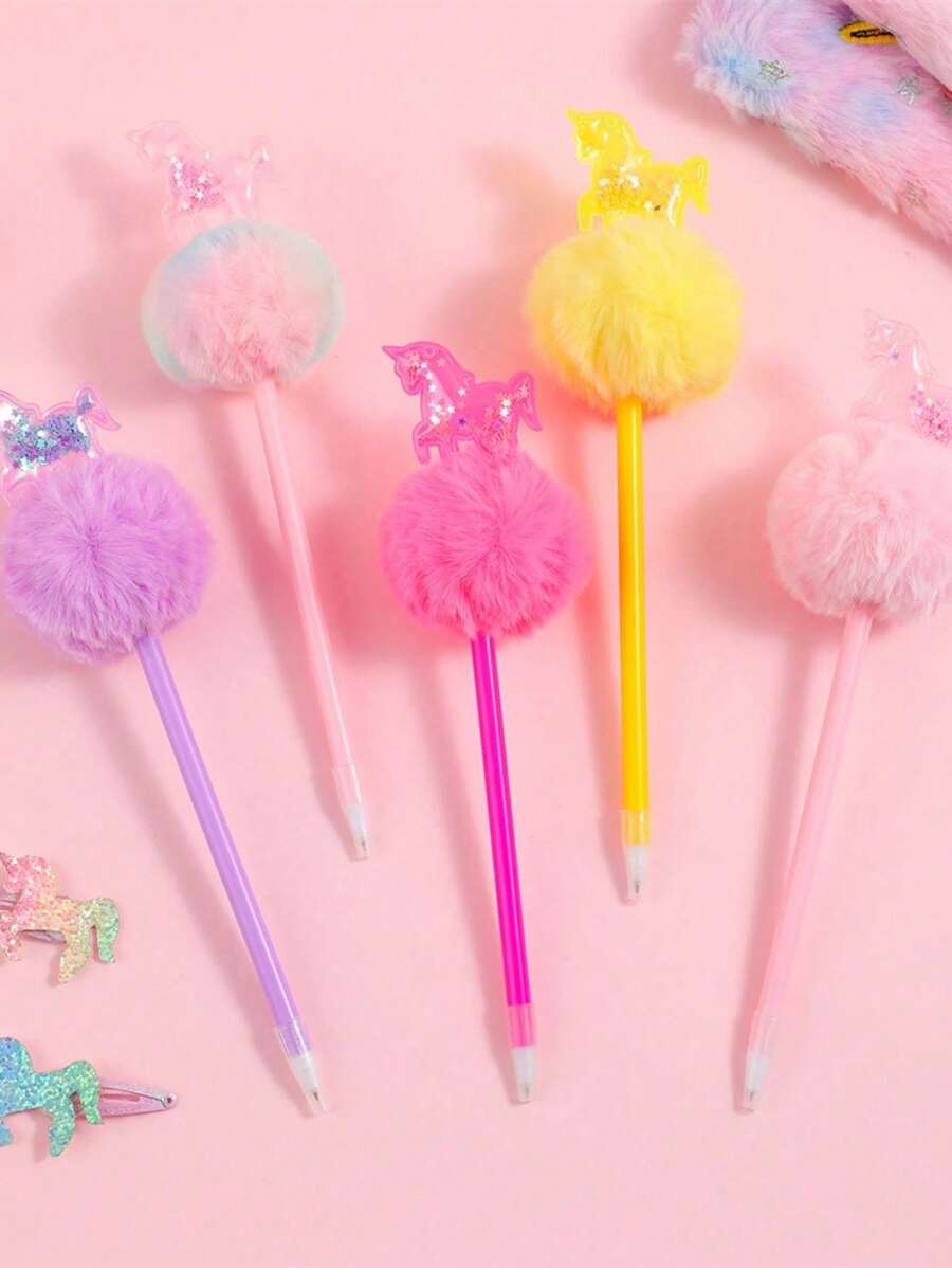 2pcs/Set Cartoon Unicorn Fluffy Pom Pom Ball Pen, Glittery Cylinder Shaped Pens, Student Children Gift Stationery, Random Tie-Dye Locations - Multicolor - View 1