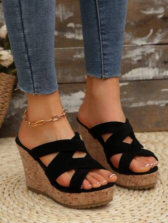 夏季新款厚底坡跟女凉鞋，交叉镂空沙滩拖鞋，增高