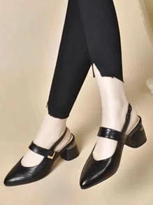 2pcs Chunky Heel Closed Toe Sandals, Soft Leather Upper, Pointed Toe Design With Ankle Strap, Low Vamp Casual Shoes For Summer, Versatile Medium Heels Mules