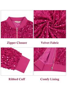 Chaqueta brillante con lentejuelas para mujer, chaqueta tipo bomber con cremallera delante, mangas largas y puños acanalados - Rosa Fucsia - Ver 6