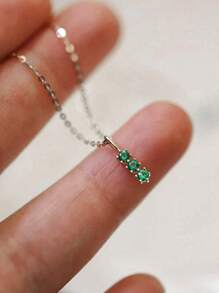 FOREVER QUEEN 1PC 925 Sterling Silver Green Three Zirconia Mini Clavicle Chain Necklace For Women Retro Party Jewelry Gift