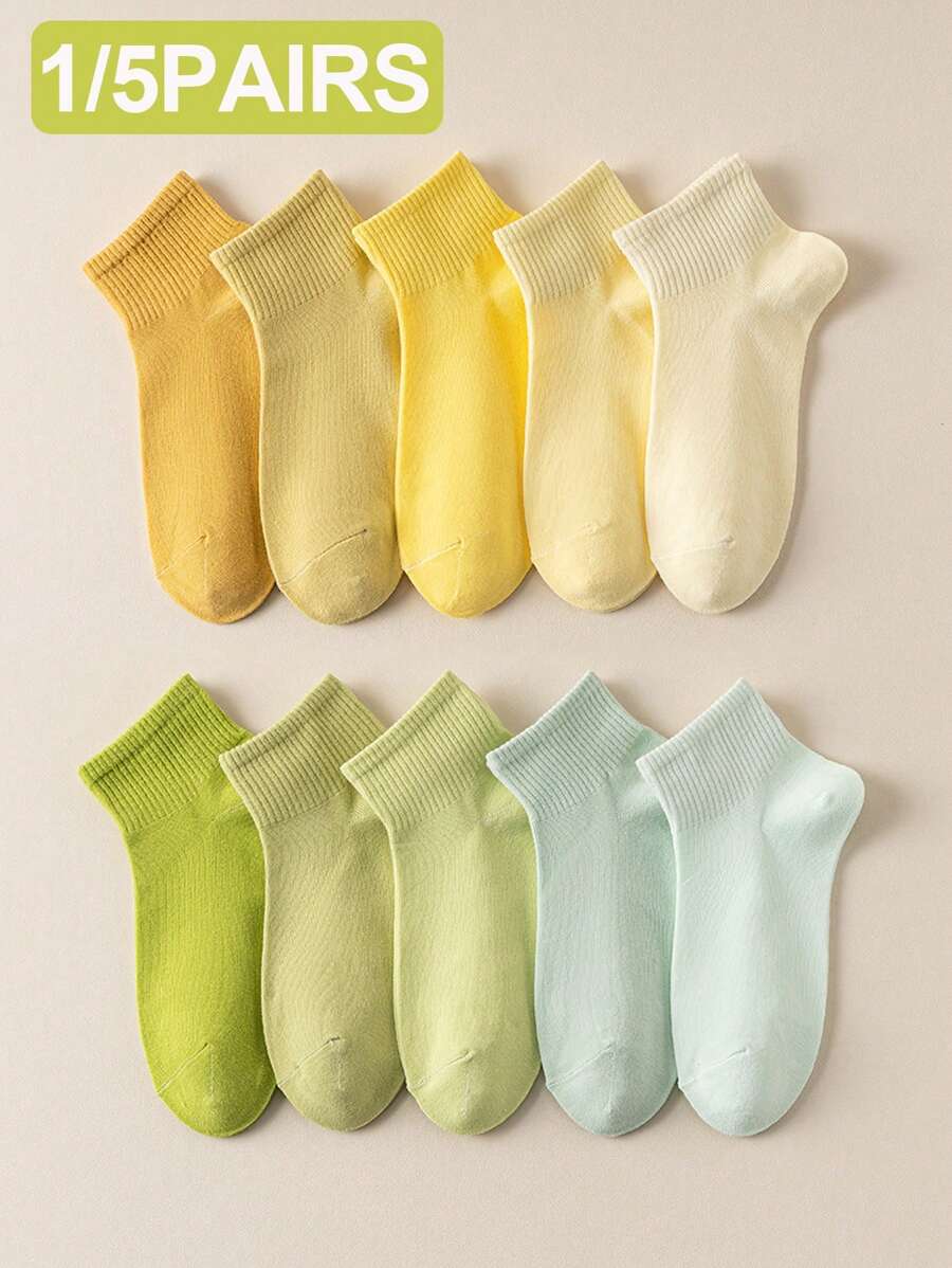 1/5 Pairs Solid Color Yellow & Green Comfortable Moisture-Wicking Short Socks For Women, Suitable For Home, School, Sports, Running In Spring/Summer, Easter - Multicolor - View 1