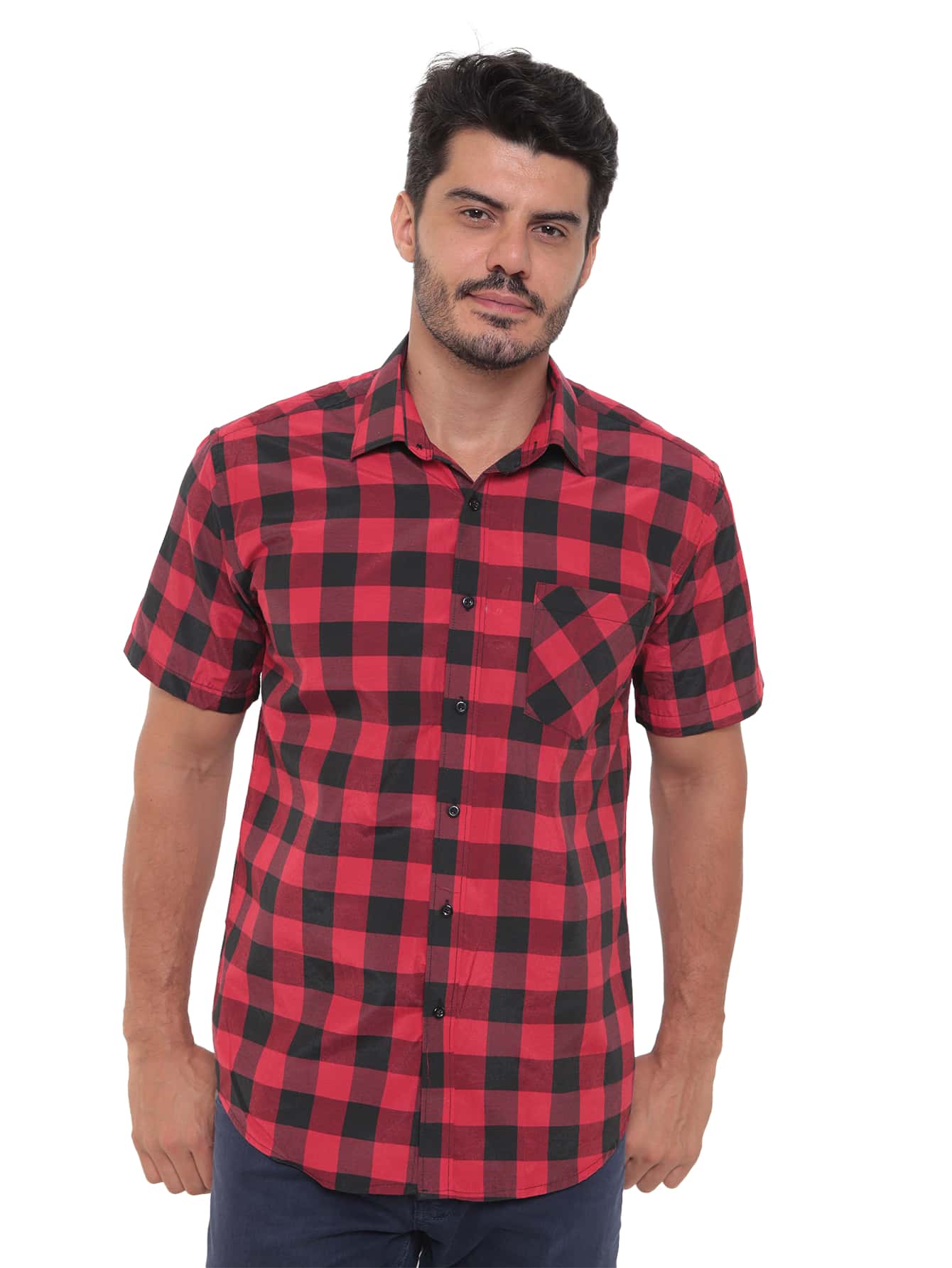 Rand paul Men's Plaid Shirt Casual Slim Fit Short Sleeve With Pockets Imported - Đỏ - Xem 1