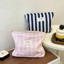 1pc Fresh Striped Cosmetic Bag, Large Capacity Portable Minimalist Women Makeup Pouch Makeup Travel Toiletry Organizer Essentials Gifts Storage Zipper Accessories Nail