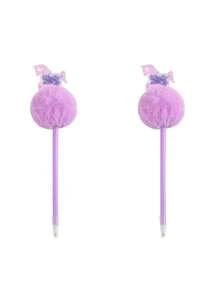 2pcs/Set Cartoon Unicorn Fluffy Pom Pom Ball Pen, Glittery Cylinder Shaped Pens, Student Children Gift Stationery, Random Tie-Dye Locations - Multicolor - View 15
