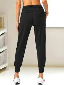 Pantalones deportivos sueltos de verano para mujer para actividades al aire libre, pantalones casuales con bolsillos con cremallera trasera, pantalones jogger de fitness, pantalones de tobillos con cordón - Negro - Ver 2