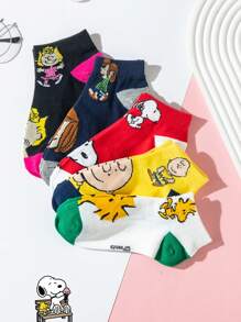 5 Pairs Unisex Cartoon Snoopy Print Ankle Socks, Novelty Gift, Women & Men Summer Short Socks