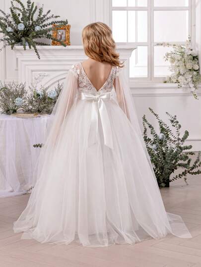 Vestido de princesa elegante para niña preadolescente con detalles de encaje, lazo en la espalda, escote profundo en V y malla con flores, adecuado para fiestas de cumpleaños infantiles, bodas, bailes de graduación y ocasiones festivas