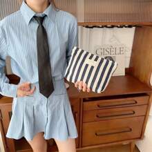 1pc Fresh Striped Cosmetic Bag, Large Capacity Portable Minimalist Women Makeup Pouch Makeup Travel Toiletry Organizer Essentials Gifts Storage Zipper Accessories Nail