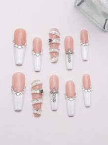 10 pezzi Unghie finte set di unghie a forma di feretro bianche, extra lunghe, con finitura lucida, realizzate a mano, con cristalli gioiello, design a croce bianco glitter cromo brillante, copertura totale, unghie finte per gel per ragazze e donne