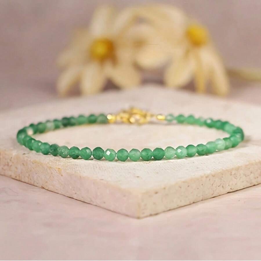 1 pieza Pulsera de piedra natural de aventurina verde para mujeres, con cuentas de jade "dongling" de perlas de corte de 3 mm y cristal de estilo retro - Aventurina verde - Ver 1