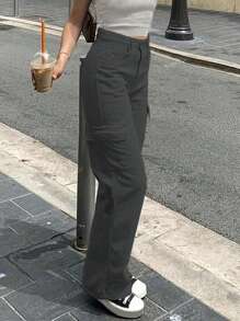 Pantalones utilitarios rectos de mujer de unicolor con bolsillos laterales, estilo 2024