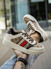 （尺码偏小）男士棕色复古随机印花系带休闲运动鞋，简约条纹撞色户外情侣运动鞋 - 米棕 - 查看 8