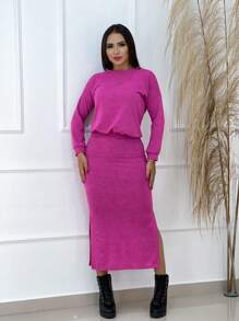 Women's Winter Set Blouse And Woolen Skirt - 粉紅玫瑰 - 查看 3