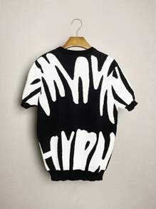 Jersey de punto de manga corta para hombre - Diseño de patrón abstracto en negro y blanco - Cuello redondo - Elegante y casual para uso diario y callejero - Tela de punto suave para mayor comodidad