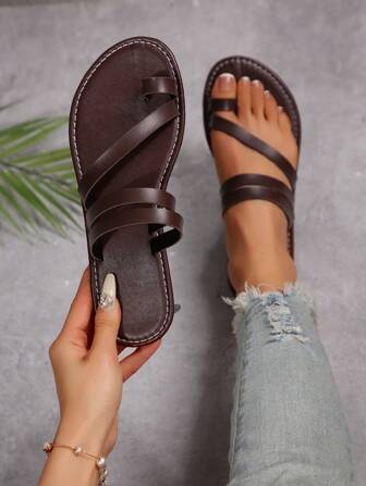 Kvinnor Toe Ring Platta Sandaler, Casual Open Toe Snörning Halkfria utomhus Beach Tofflor