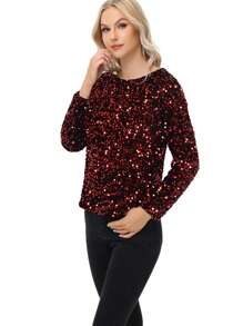 Women's Sequin Tops Sparkly Long Sleeve Glitter Evening Party Concert Shirt Blouse - 紅色 - 查看 4