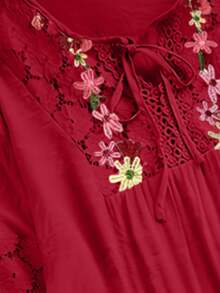 Women's Floral Embroidery Minimalistic Casual Lace Blouse - Red - View 5