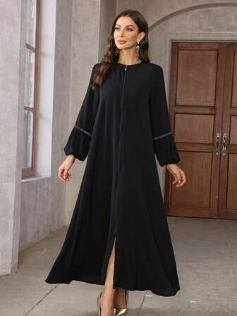 Elegante effen Turkse stijl dames maxi abaya jurk met lange mouwen en rits en tailleband