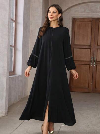 Elegant Solid Color Turkish Style Women Long Sleeve Maxi Abaya Dress With Zipper And Waist Tie