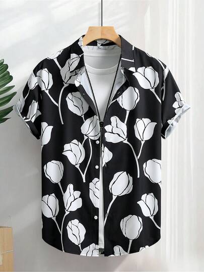 1 pieza Camisa de manga corta casual de hombre con estampado floral en blanco y negro, para verano