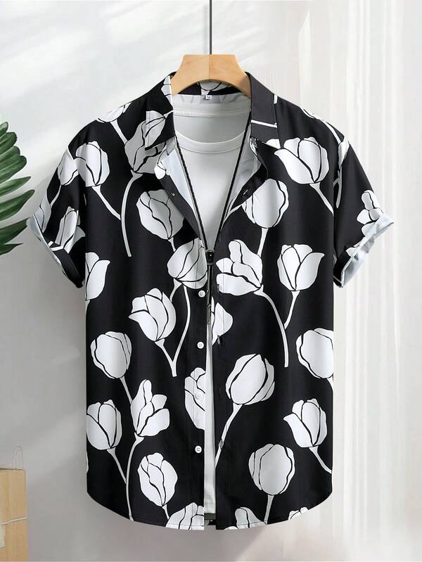 1pc Men's Casual Black & White Floral Print Short Sleeve Shirt, Summer