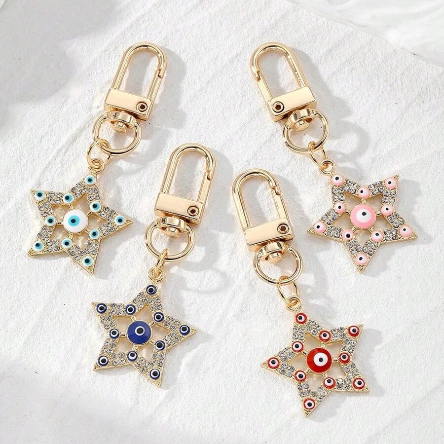 1pc Unisex Rhinestone Eye Design Hollow Five-Pointed Star Keychain, Alloy Vintage Decor Keyring, Fashion Bag Accessories