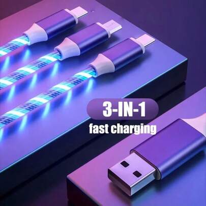 三合一发光线手机充电线 LED Lightning iOS Micro Type C 充电器适用于 华为充电线兼容 、安卓、相机、MP3 通用适配器