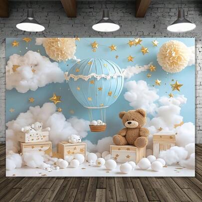 Fondo con globo aerostático y oso de estilo caprichoso - No necesita energía, Varios tamaños - Perfecto para fiestas de invierno, fiestas, photocalls, cumpleaños y bodas
