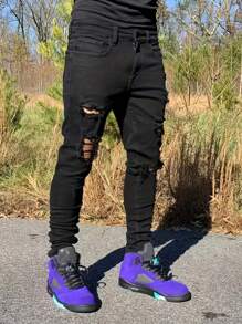 Men's Pocket Distressed Slim Fit Casual Denim Jeans, Emo Style, Grunge - Black - View 3
