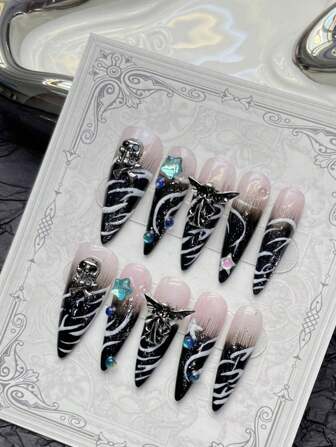 10 片装粉色黑色渐变假指甲带闪光迷人舒适佩戴美甲指甲DIY装饰按压指甲美甲用品指甲