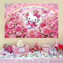 Sanrio 1 Pezzo di Licenza Bandiera Decorativa di Sfondo per Feste di Compleanno a Tema Cartone Animato con Gatto Bianco, Rosa e Arcobaleno, Perfetto Elemento Decorativo per Decorazione di Camera da Letto, Doccia, Foto, 210x150x100/100x75 cm