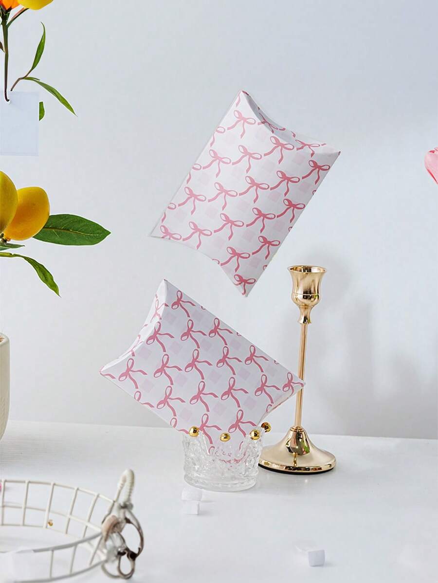 7pcs New Pink Bow Plaid Cookie Packaging Boxes, French Bow Decorated Gift Boxes For Cookies