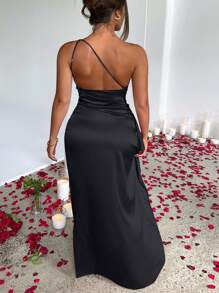 Plus Size Sexy Satin Wrap-Style High Slit Cocktail Dress, Suitable For Receptions, Parties, Birthdays, Bars And Other Occasions, Spring/Summer, Party Dress