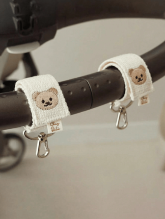1 Pair Beige Teddy Bear Sturdy Hook And Loop Fastener, Cute Embroidered Multi-Function Heavy Duty Stroller Hook, Suitable For Hanging Baby Strollers, Mommy Bags, And Shopping Bags