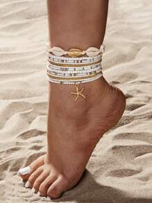 13 件波西米亚海滩度假海星、天然贝壳、串珠脚链套装（女款）