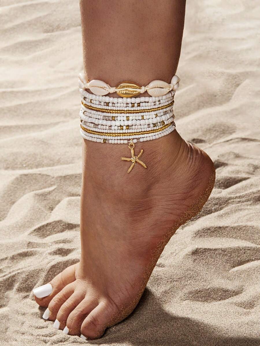 13 件波西米亚海滩度假海星、天然贝壳、串珠脚链套装（女款）