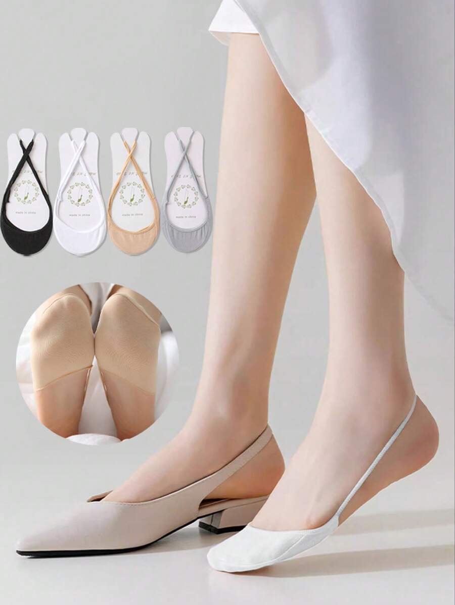 4 Pairs Summer Ultra-Thin Breathable Solid Color Basic Series Minimalist Fashion High-Quality Invisible Socks, Moisture-Wicking And Abrasion-Resistant Half Palm Socks - Multicolor - View 1